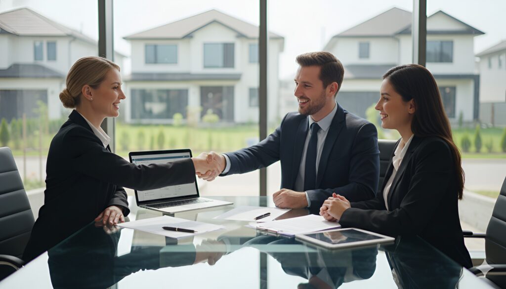 Real estate agent in California meeting with client at a glass table.