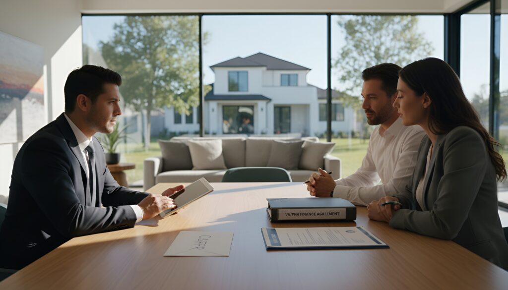 Real estate agent discusses documents with a couple across a table in a bright room in California.