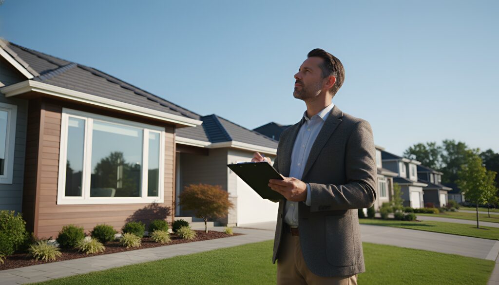Real estate agent in California inspects a suburban house with a clipboard