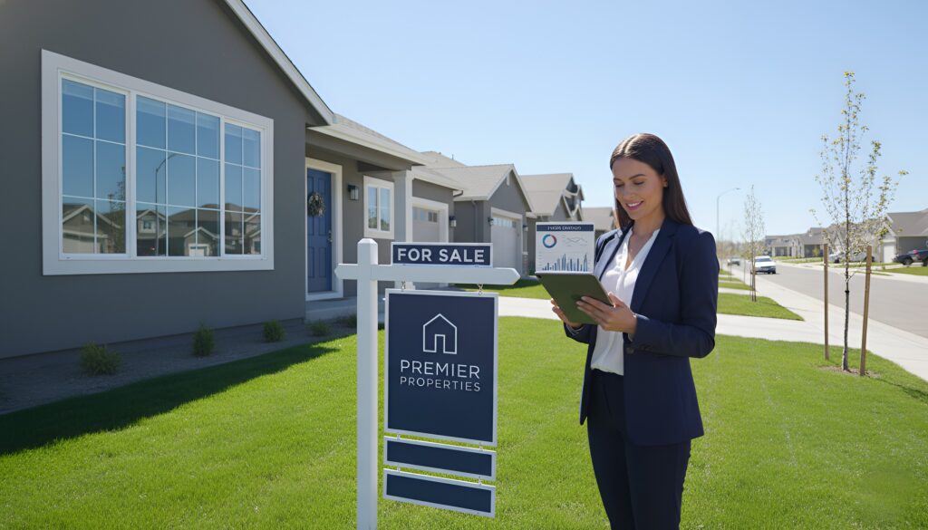 A real estate agent stands smiling beside a "For Sale" sign outside in California.