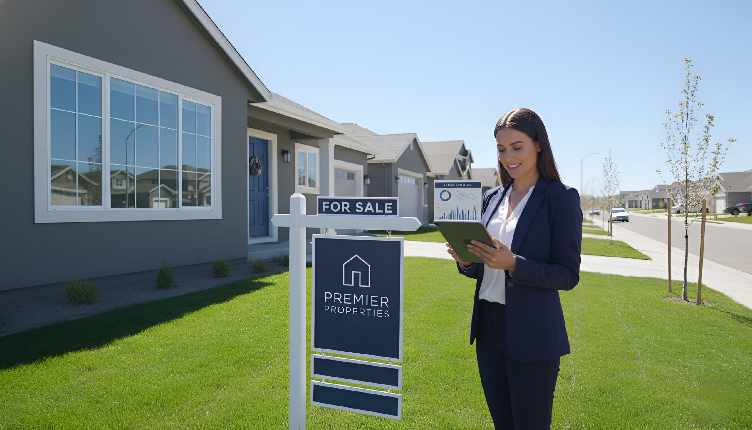 A real estate agent stands smiling beside a "For Sale" sign outside in California.