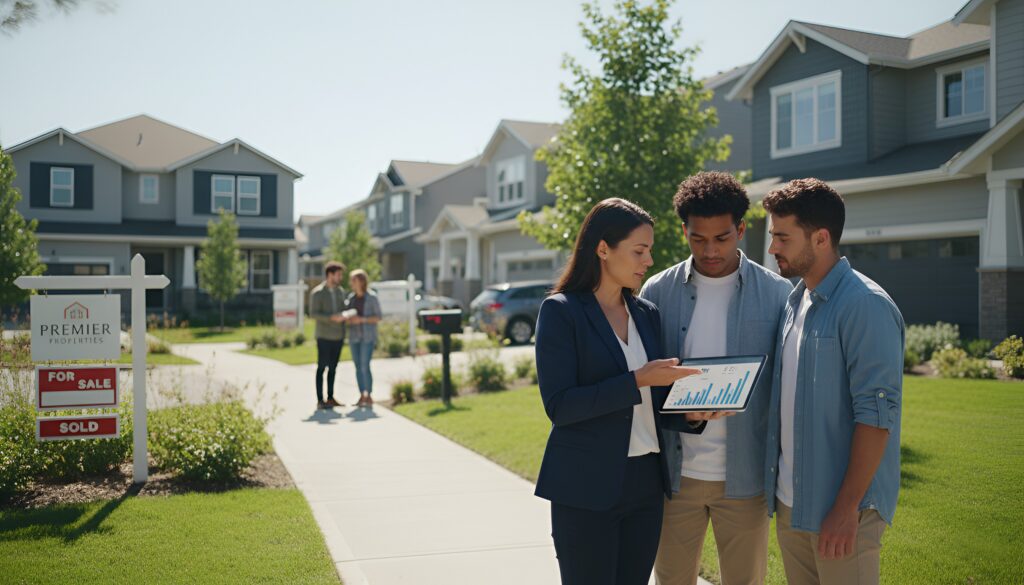 A real estate agent shows two men a tablet with charts in a suburban neighborhood in California