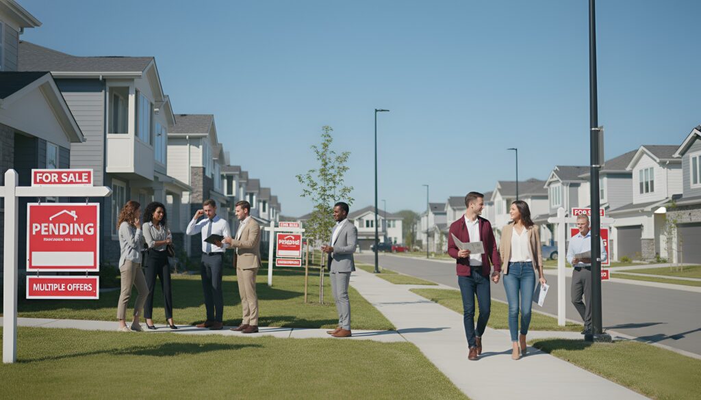 People view houses for sale in a suburban neighborhood in California.