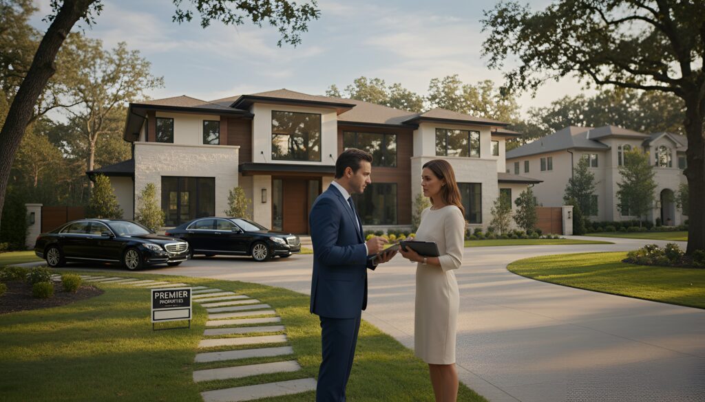 man and woman discuss outside a modern luxury house, surrounded by trees in California.