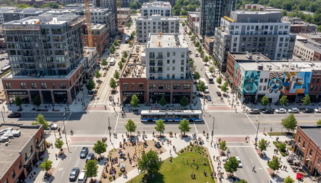 Aerial view of a bustling urban plaza with people gathering in a park surrounded by modern buildings in California.