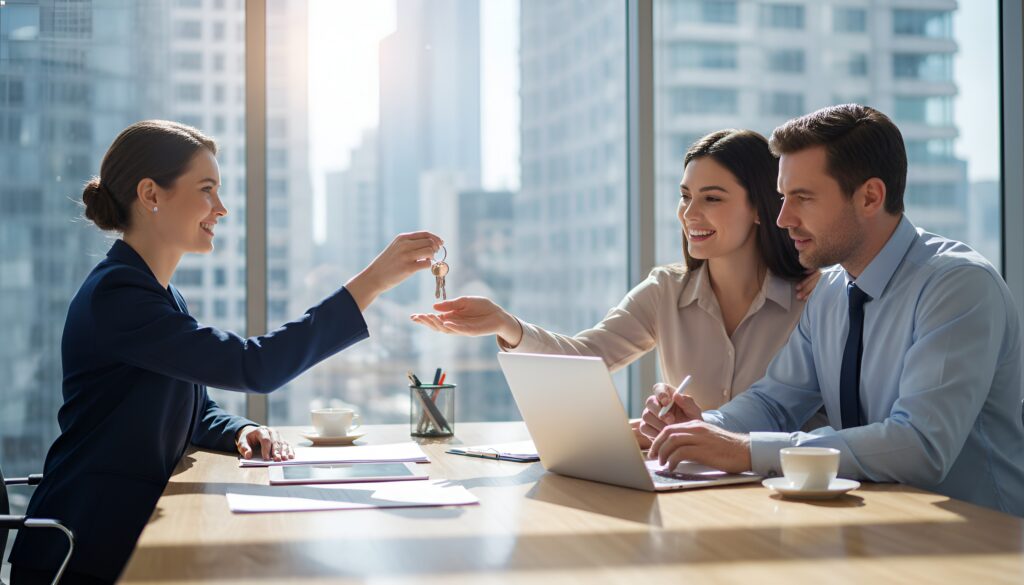 Real estate agent hands keys to a smiling couple in a bright office with city view
