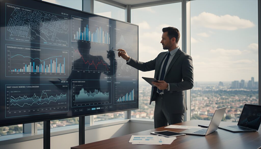 Real estate agent stands in a modern office, pointing at a large screen displaying data and graphs.